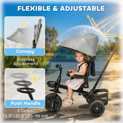 Toddler Tricycle, 4 in 1 Kids Trike, Adjustable Seat, Removable Handle, Grey Tricycles for Kids at Gallery Canada