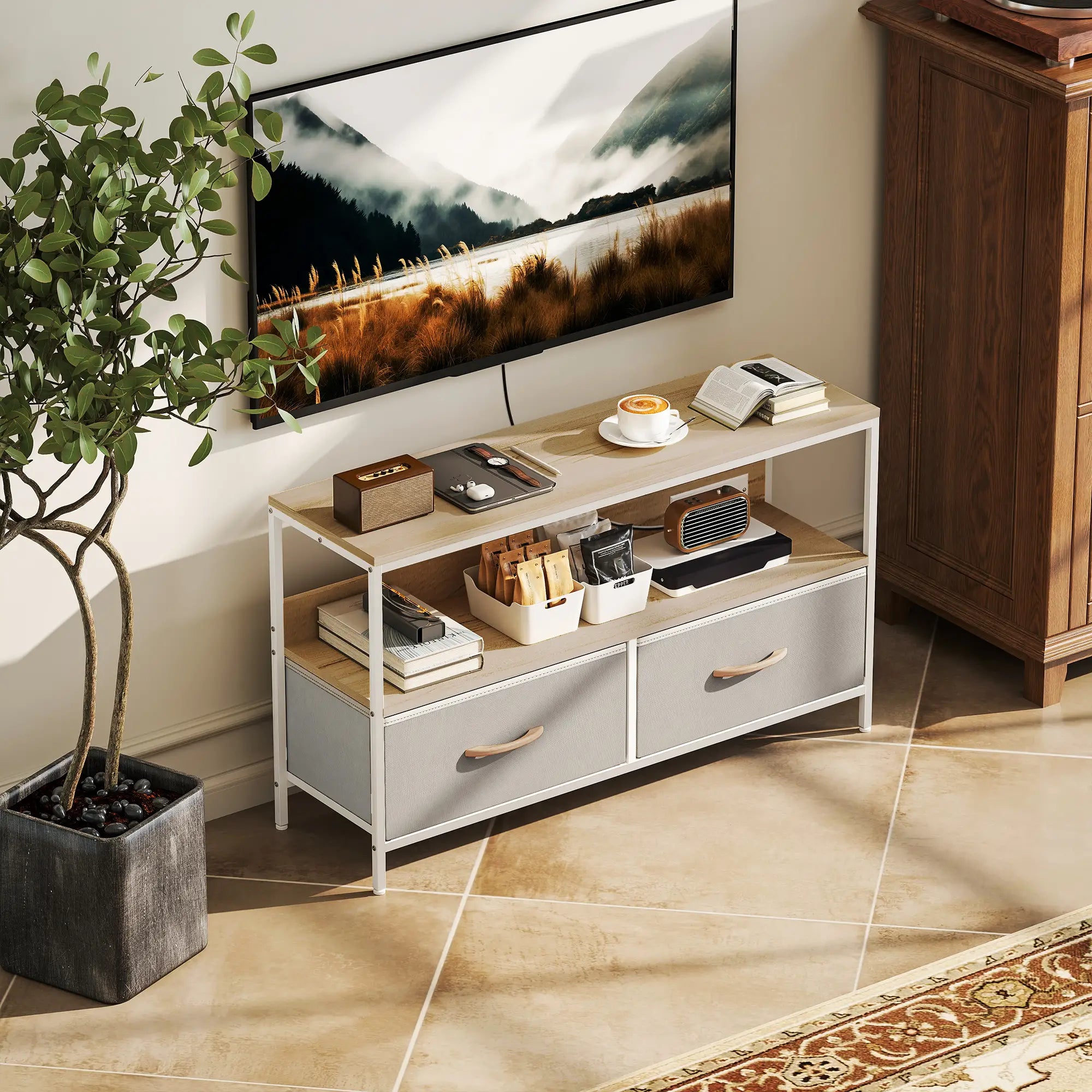 TV Stand With Charging Station, 2 Foldable Drawers, Open Shelf, 47 Inch, Oak TV Stands at Gallery Canada