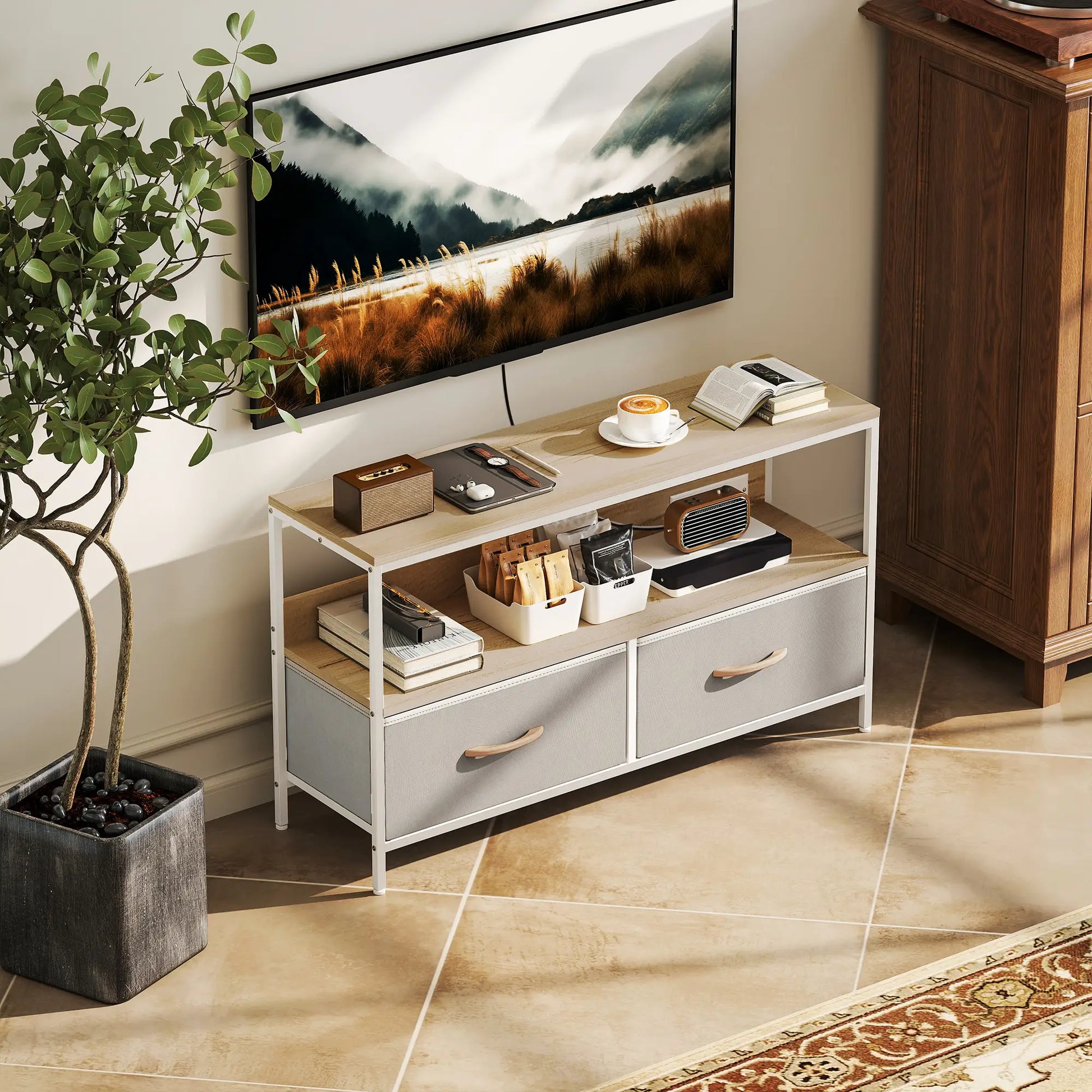 TV Stand With Charging Station, 2 Foldable Drawers, Open Shelf, 47 Inch, Oak TV Stands at Gallery Canada