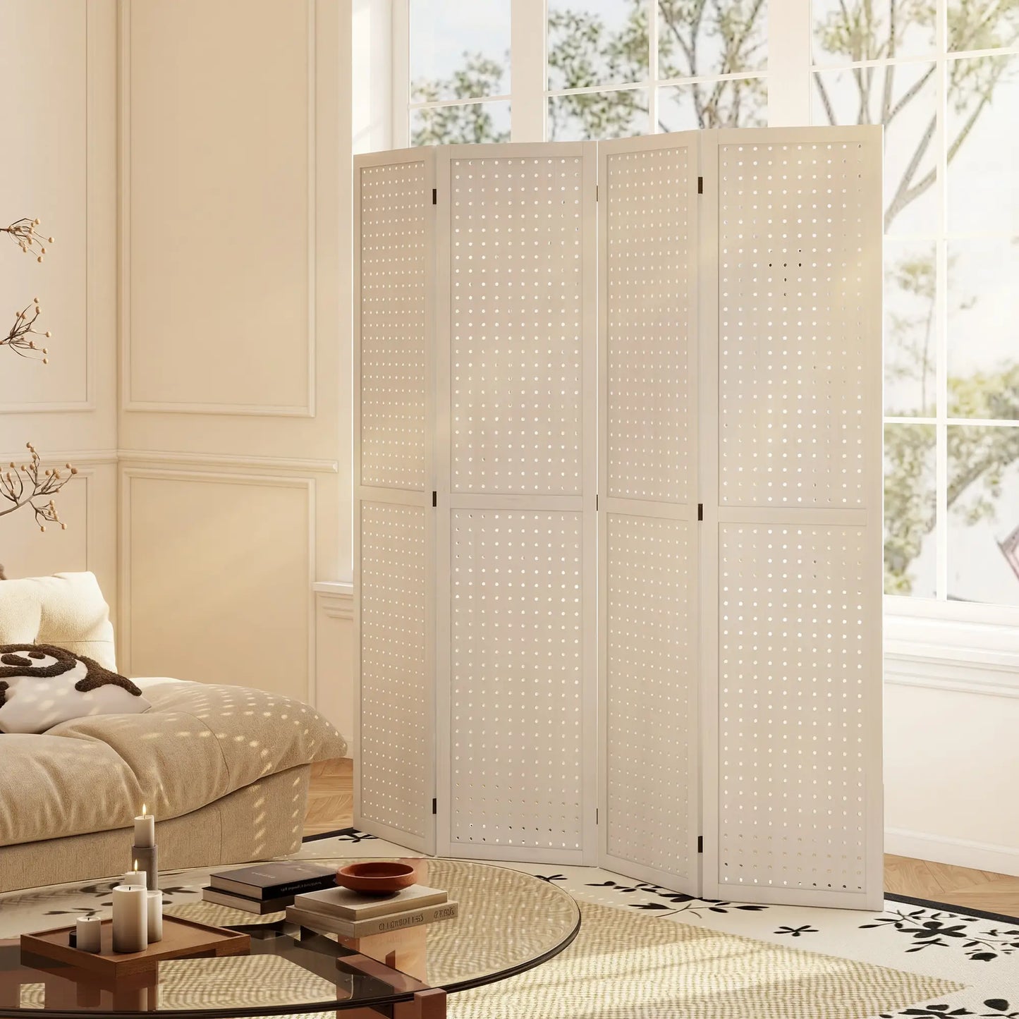 5.6 Ft. Tall 4-Panel Room Divider, Pegboard Privacy Screen, White Room Dividers at Gallery Canada