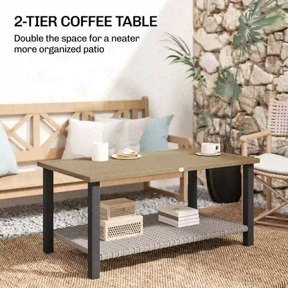 2-Tier Rectangle Outdoor Coffee Table, Wood-Effect Metal Top, Wicker Shelf, Brown Patio Side Tables at Gallery Canada