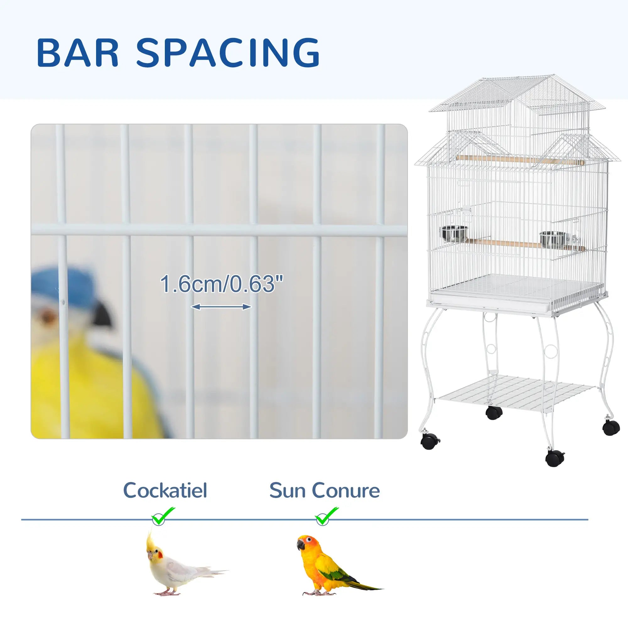 53.9'' Large Rolling Bird Cage with Stand, Shelf, Perch, White Bird Cages at Gallery Canada