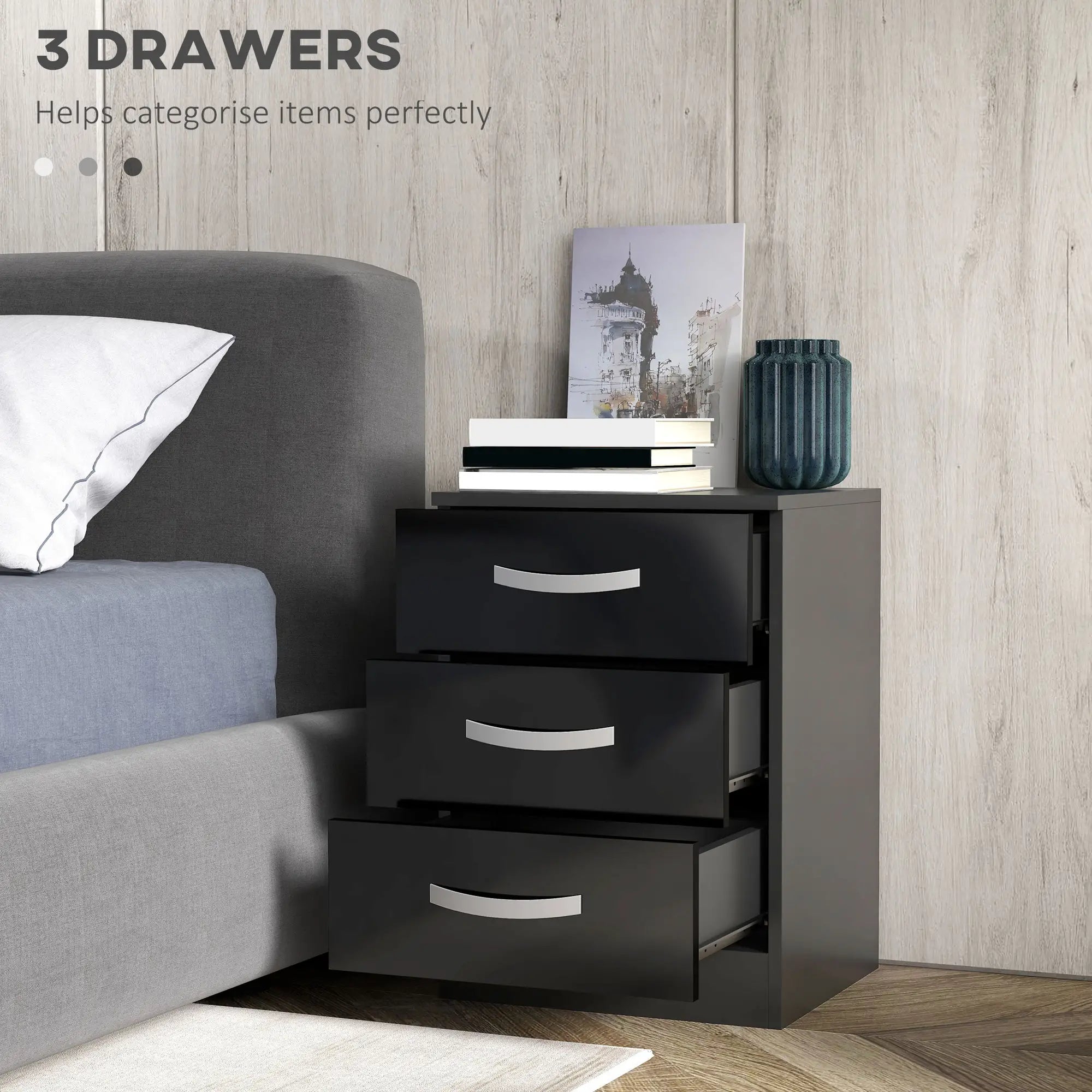 Modern Nightstand Set of 2, Drawers, High Gloss Fronts, Black Bedside Tables at Gallery Canada