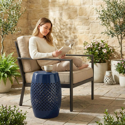 12" Steel Round Hollow Drum Side Table, Navy Blue Patio Side Tables at Gallery Canada