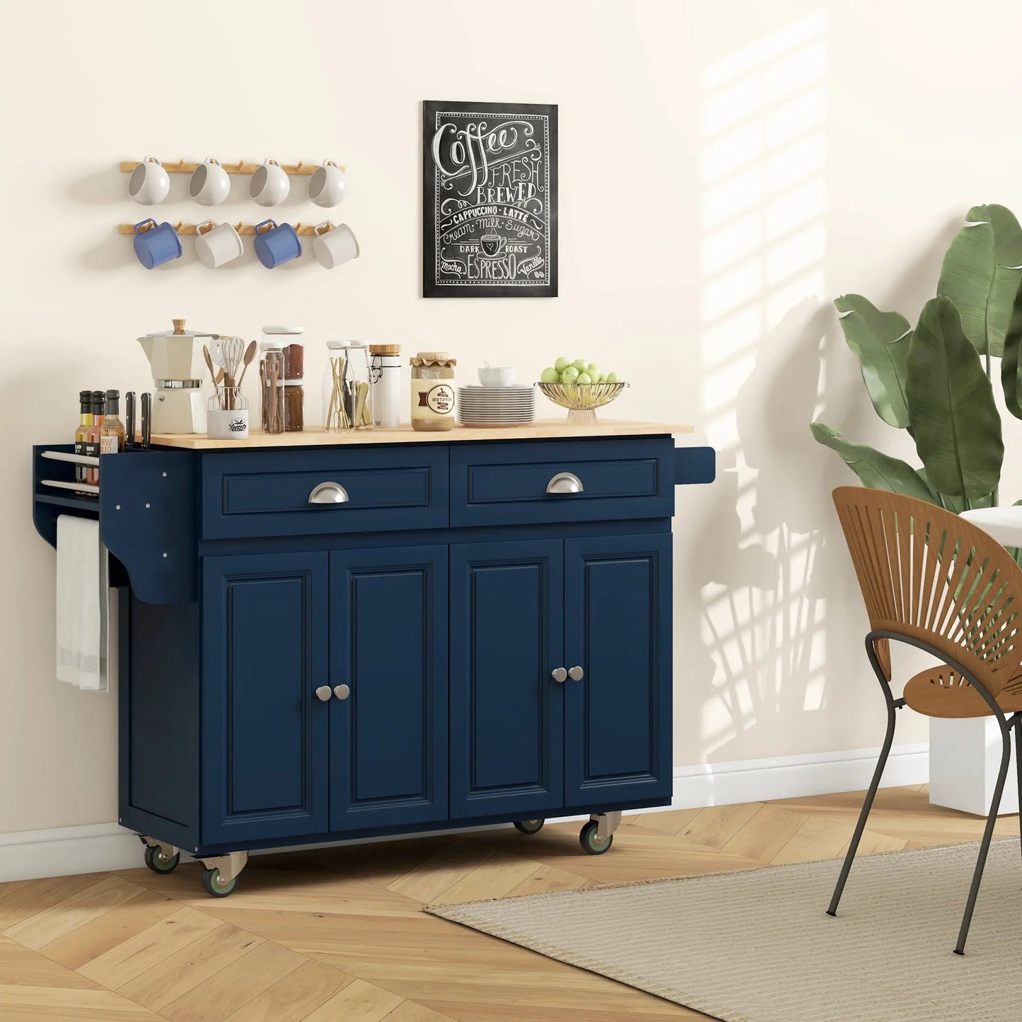 Kitchen Island with Storage, Drop Leaf, Rubber Wood Top, Navy Blue Kitchen Islands & Kitchen Carts at Gallery Canada