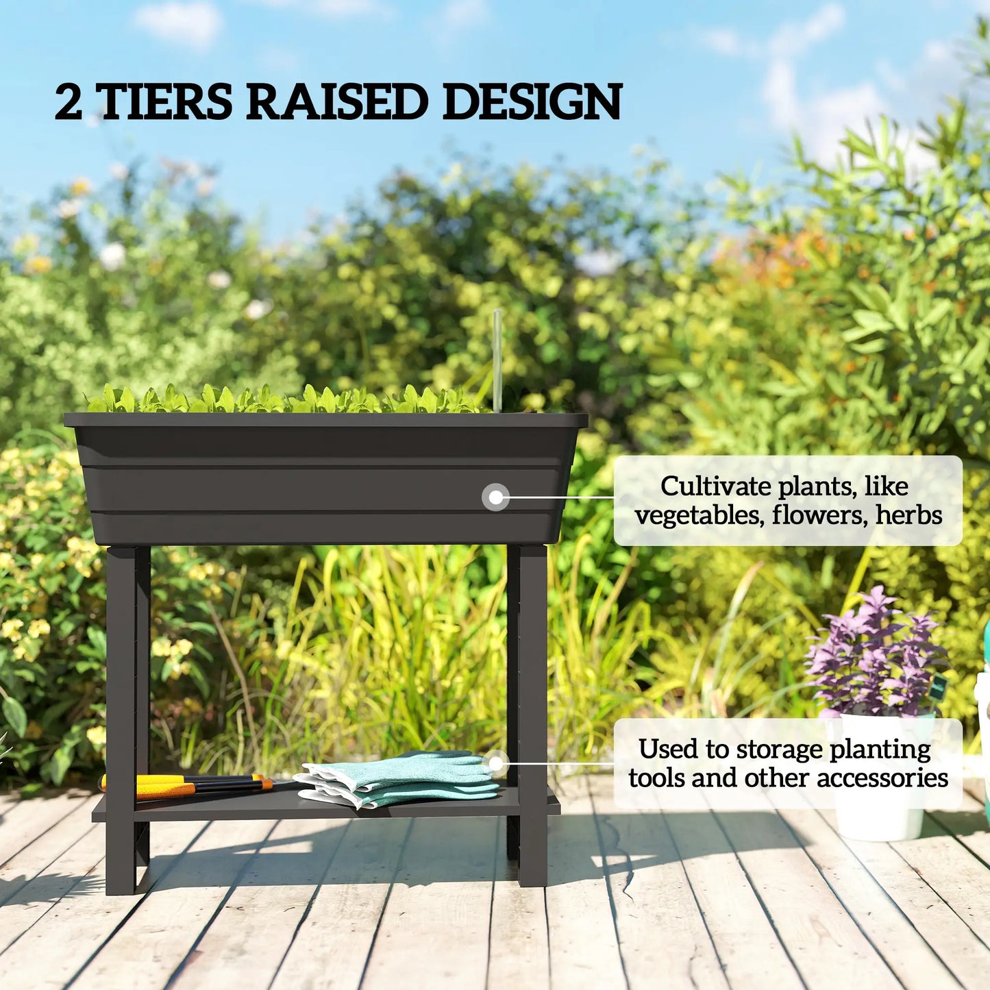41L Self Watering Raised Garden Bed, Transparent Lid, Storage Shelf, Black Elevated Garden Beds at Gallery Canada