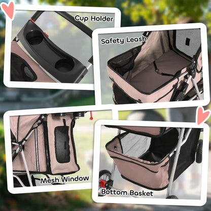 4 Wheel Dog Pet Stroller, Folding Sunshade Canopy, Brake, Safety Leash, Cup Holder, Brown Dog Bike Trailers & Strollers at Gallery Canada