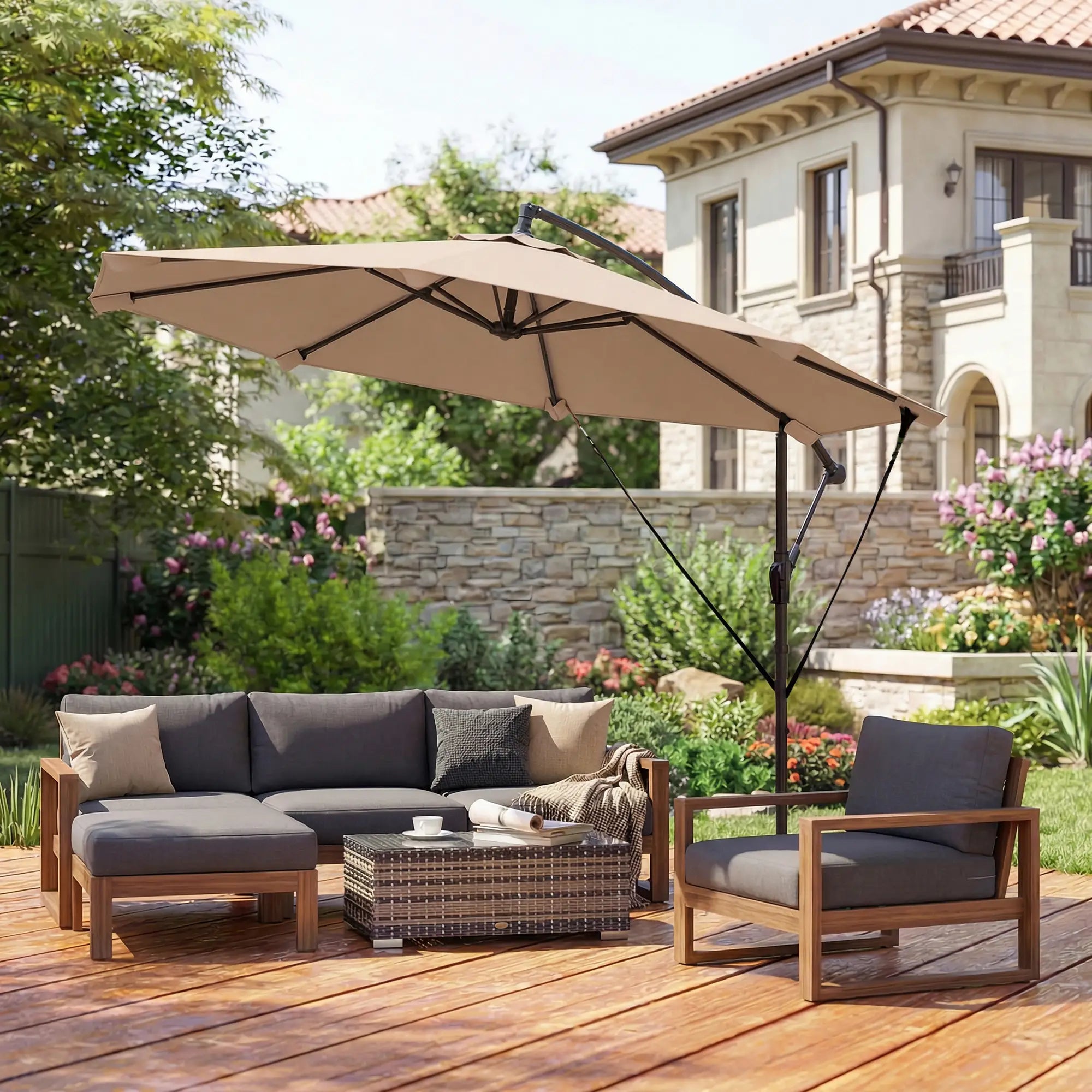 10FT Cantilever Patio Umbrella, 8 Ribs With Cover, Wind Ropes, Khaki Offset Cantilever Umbrellas at Gallery Canada