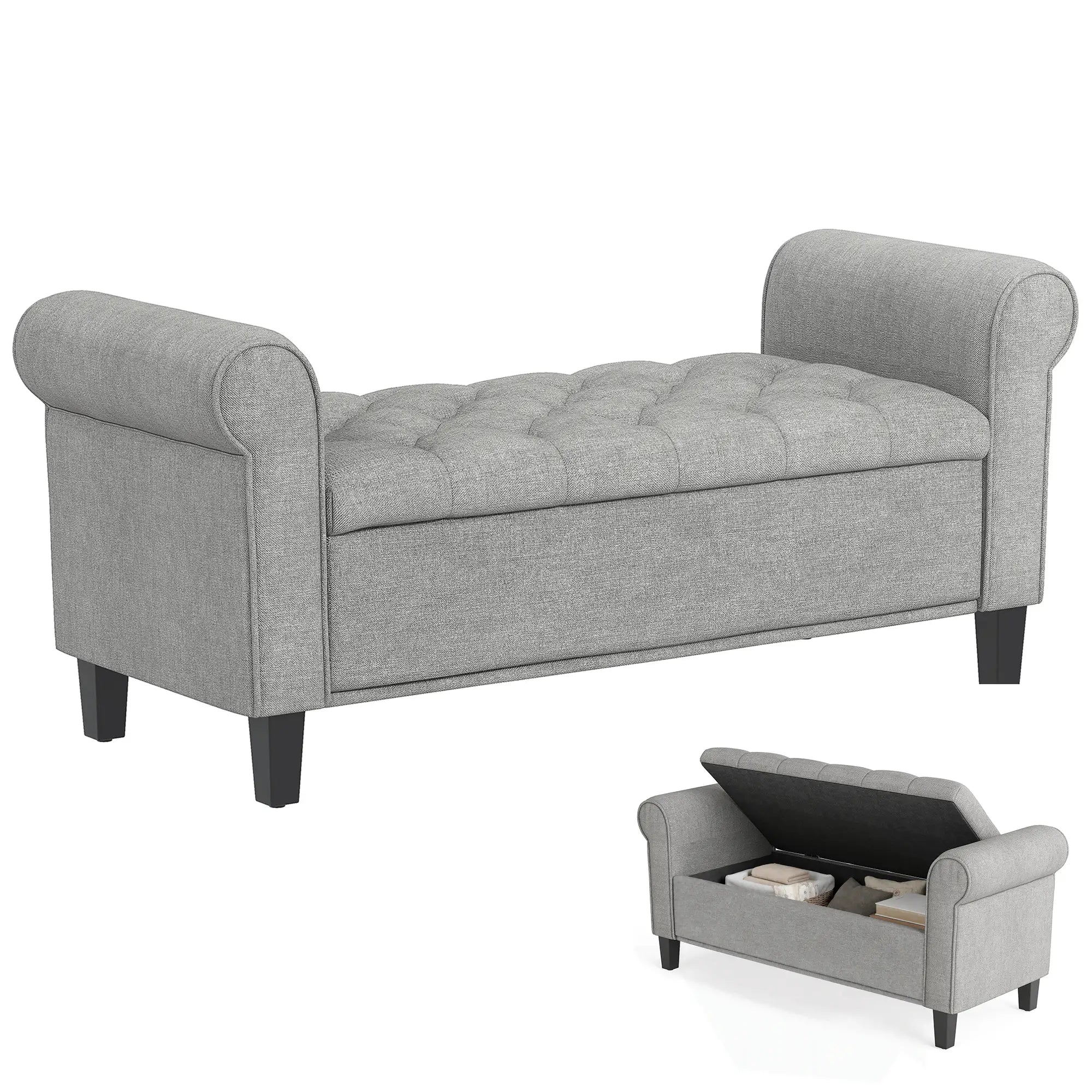 50 Inches Storage Ottoman, Light Grey, Upholstered Bench With Rolled Arms, Light Grey Storage Ottomans & Benches at Gallery Canada