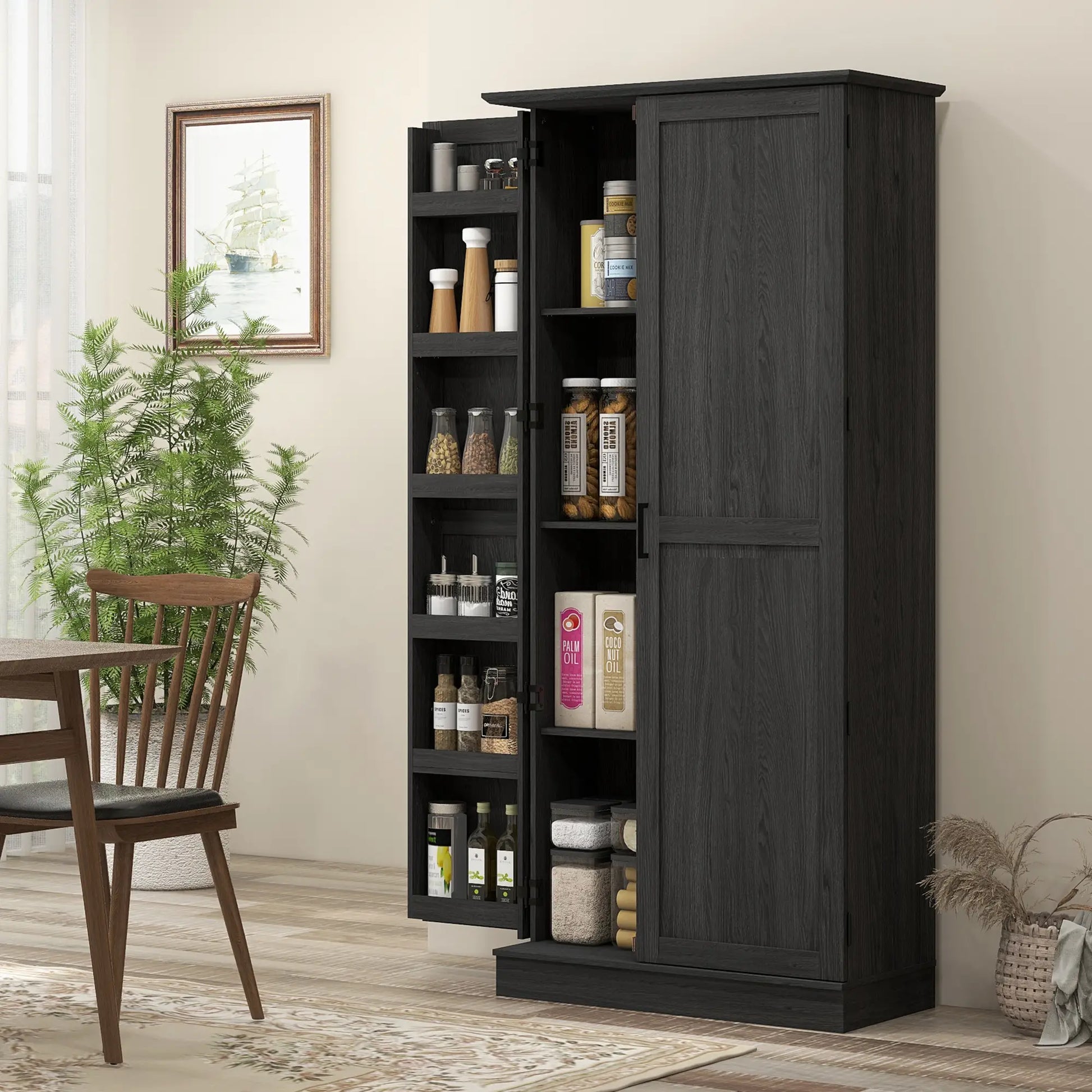 70" Tall Kitchen Pantry Cabinet, Adjustable Shelves, Black Wood Grain, Black Kitchen Pantry Cabinets at Gallery Canada