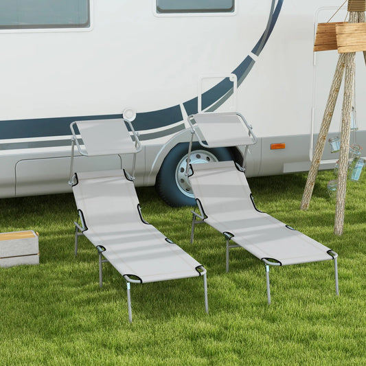 Outdoor Lounge Chair, Adjustable Folding Chaise With Sun Shade, Light Grey Lounger Chairs Light Grey at Gallery Canada