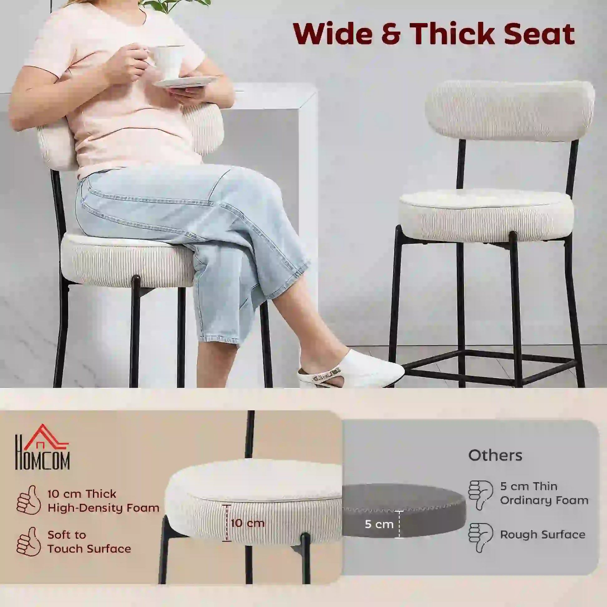 Set of 2 Upholstered Corduroy Barstools with Backrest, Footrest, Cream White Bar Stools at Gallery Canada