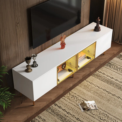 TV Stand, 4 Doors, Handles, Tempered Glass, LED Light, 67" L x 14.5" W x 18.5" H, White+Gold TV Stands at Gallery Canada