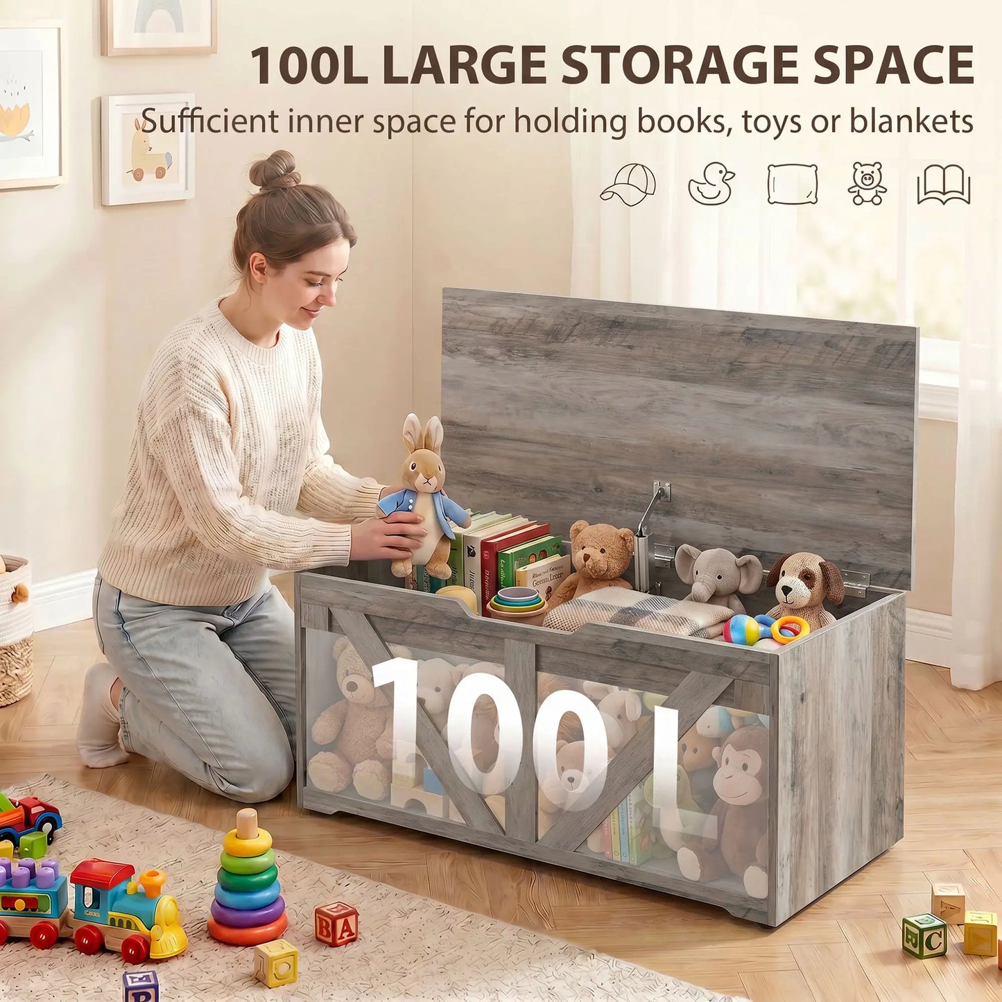 31.5" Storage Chest with Safety Hinge, Grey Wood Grain, Grey