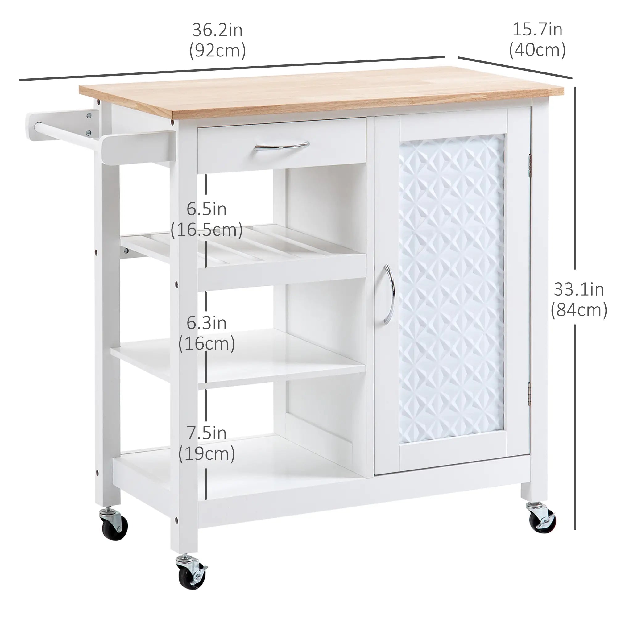 Kitchen Cart on Wheels, Embossed Door Panel, Storage Drawer, White Kitchen Islands & Kitchen Carts at Gallery Canada