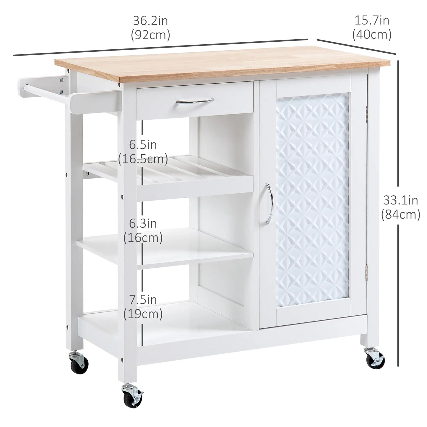 Kitchen Cart on Wheels, Embossed Door Panel, Storage Drawer, White Kitchen Islands & Kitchen Carts at Gallery Canada