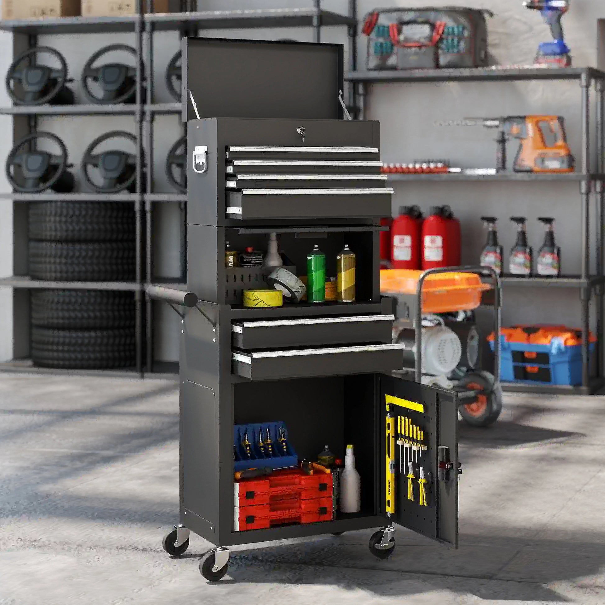 Large Tool Cabinet, 3-in-1 Rolling Chest, Detachable Storage with 6 Drawers and Pegboard, Black Tool Organizers at Gallery Canada