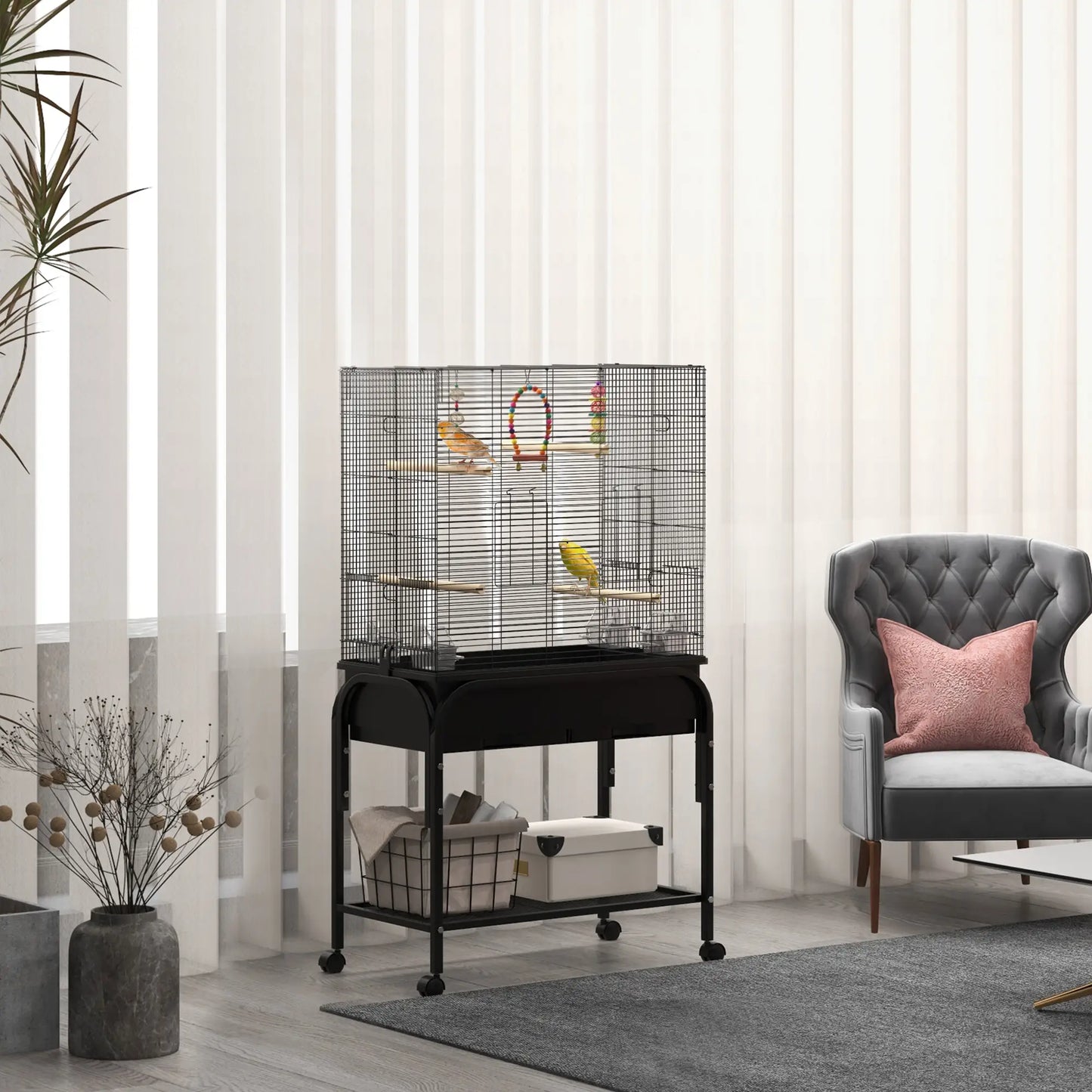 51" Bird Cage with Rolling Stand, Toys, for Budgies Canaries Finches, Black Bird Cages at Gallery Canada