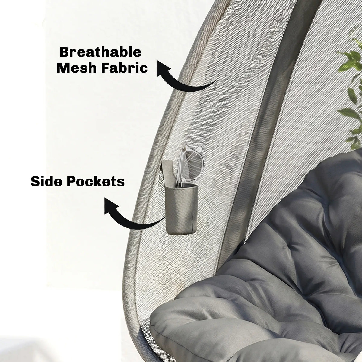 Hanging Egg Chair, Outdoor Swing with Stand, Folding Basket, Grey