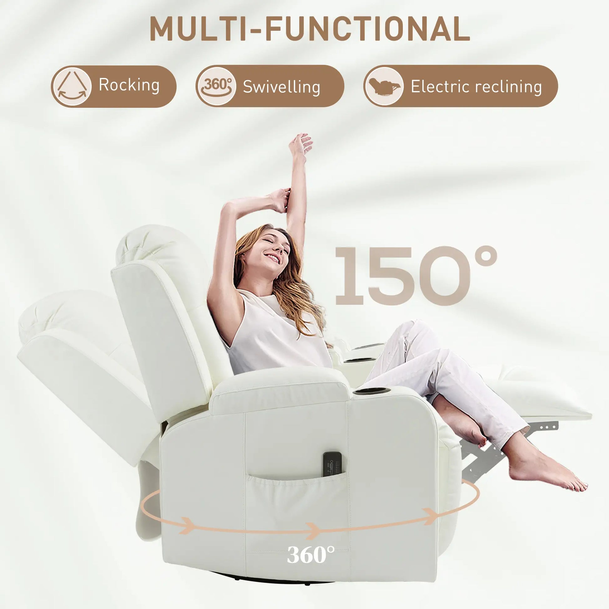 Swivel Massage Recliner Chair, Manual Rocker, PU Leather, Cream White Single Sofas at Gallery Canada