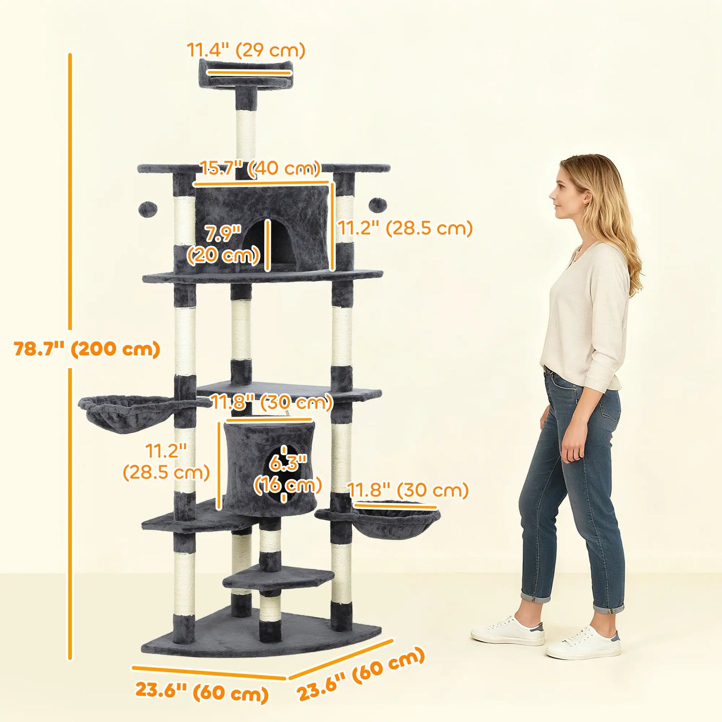 79" Cat Tree, Two Condos, Scratching Posts, Hammocks, Perches, Toys, Dark Grey Cat Towers at Gallery Canada