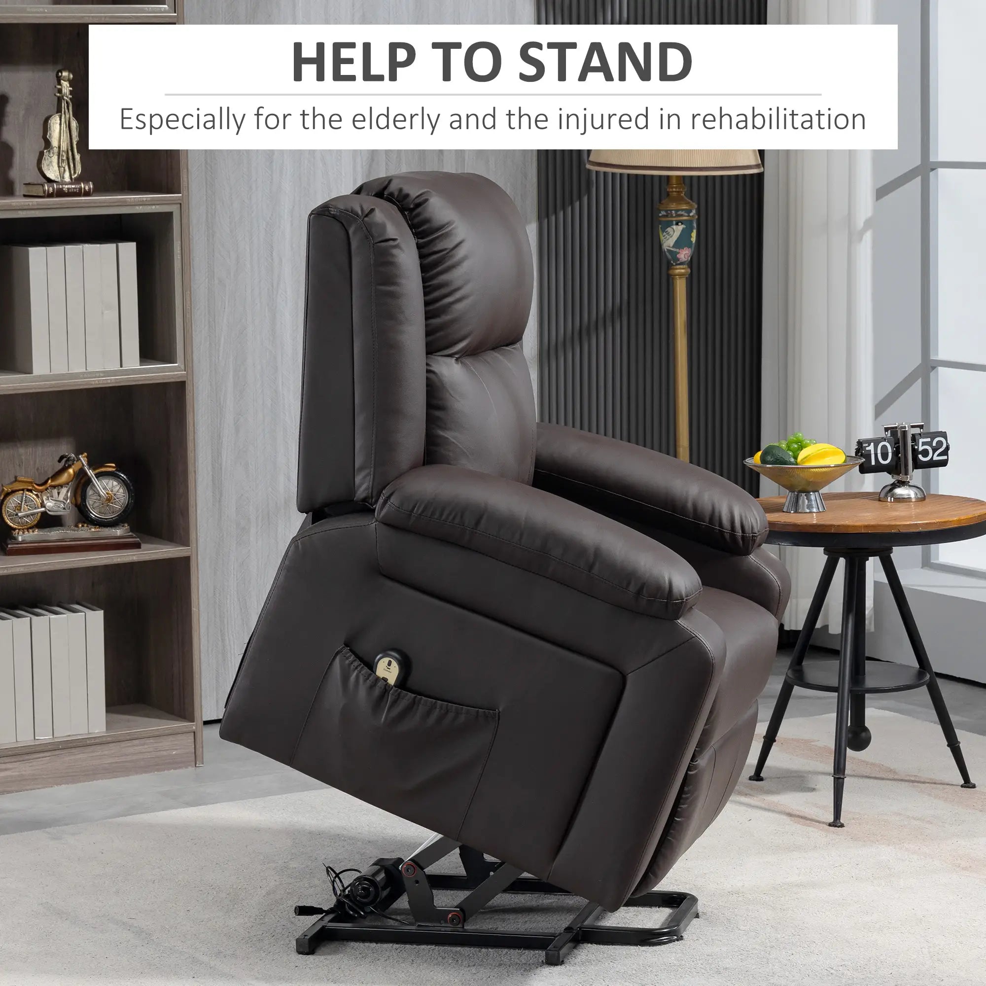 PU Leather Electric Recliner Chair, Remote, Side Pockets, Brown Electric Power Lift Chairs at Gallery Canada