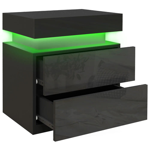 Nightstand, Bedside Table with LED Lights, 2 Drawers, Black