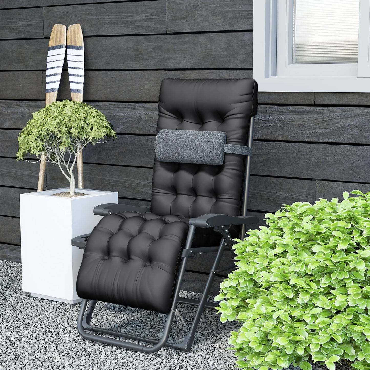 Padded Folding Recliner Chair, Adjustable Backrest, Removable Cushion, Black Lounger Chairs at Gallery Canada
