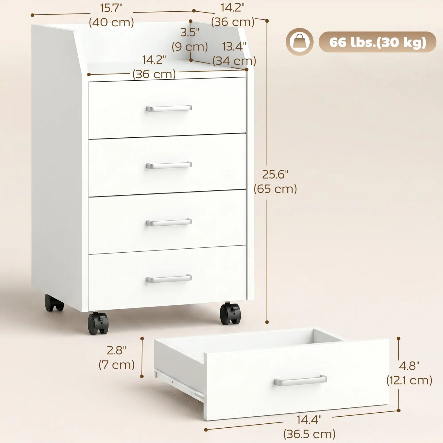 Armoire de classement verticale mobile à 4 tiroirs avec roues verrouillables, blanc