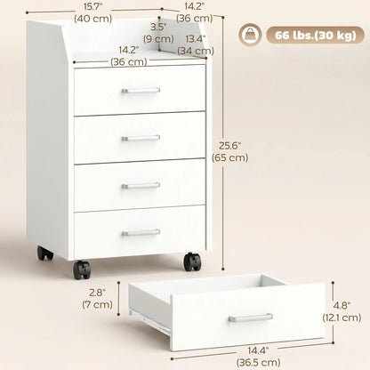 Armoire de classement verticale mobile à 4 tiroirs avec roues verrouillables, blanc