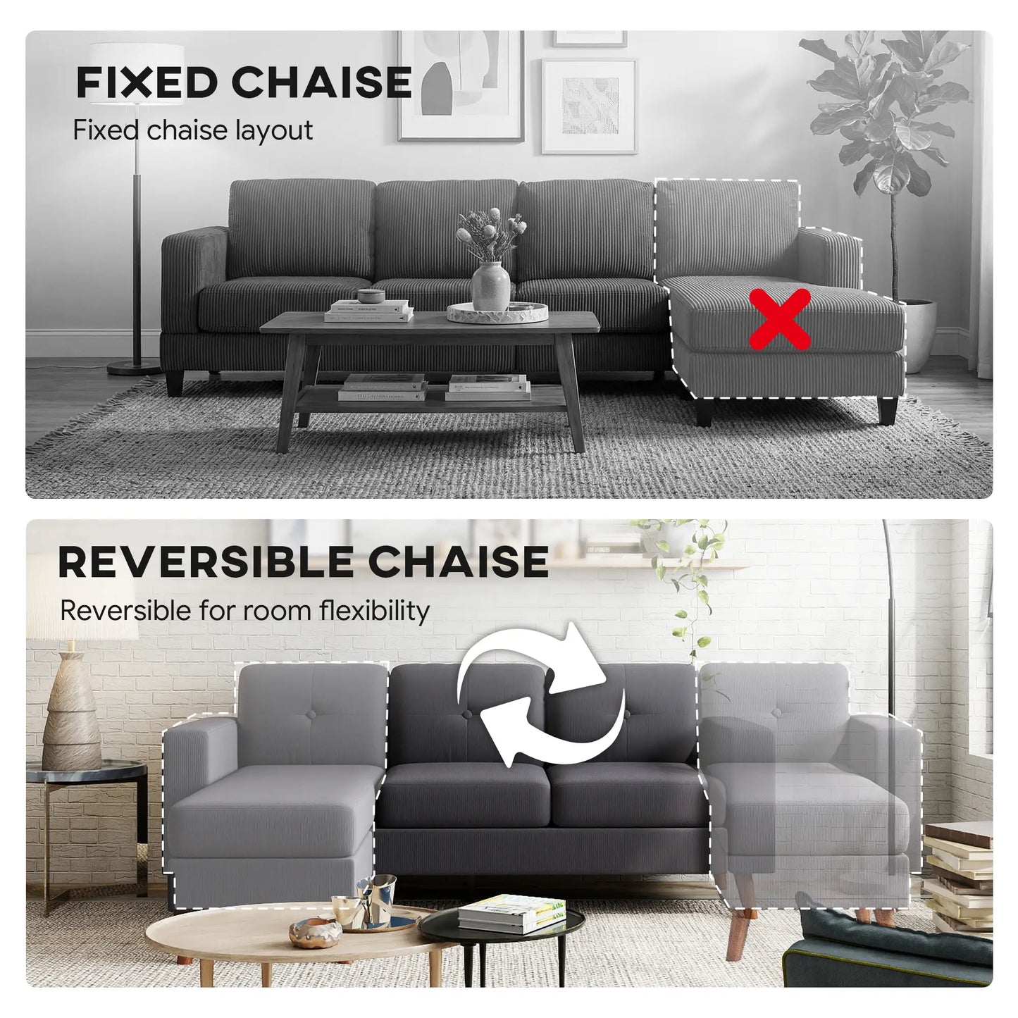 Sectional Sofa with Changeable Chaise, 3 Seat L-Shaped, Dark Grey 3-Seater Sofas at Gallery Canada