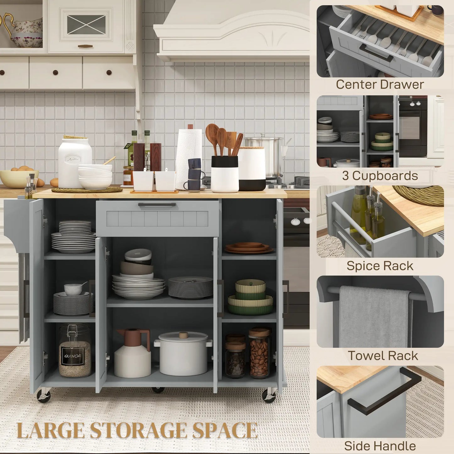 Modern Rolling Kitchen Island Cart, Natural Wood Top, Grey Kitchen Islands & Kitchen Carts at Gallery Canada