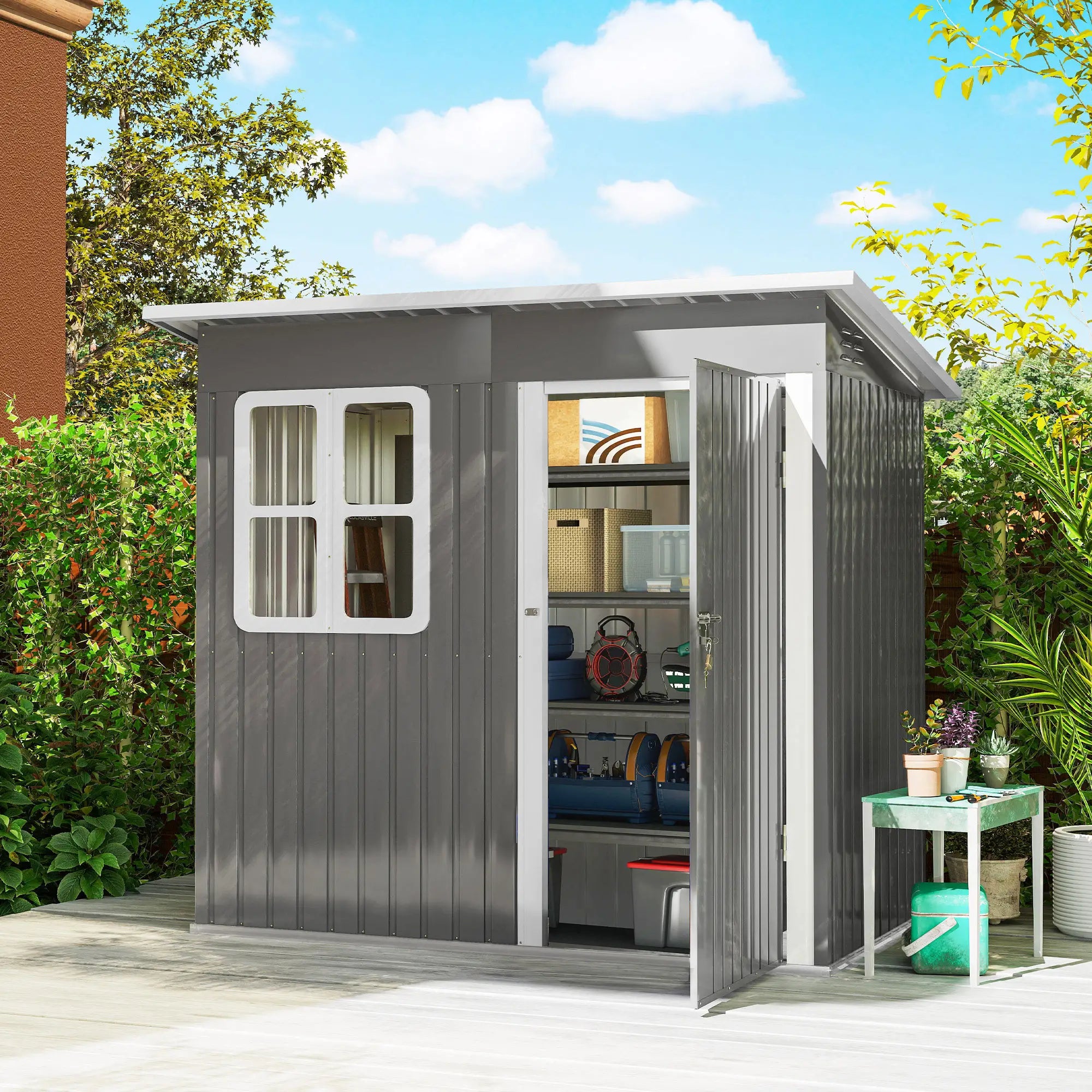 7' x 4' Galvanised Steel Outdoor Storage Shed, Window, Lockable Door, Dark Grey Sheds at Gallery Canada