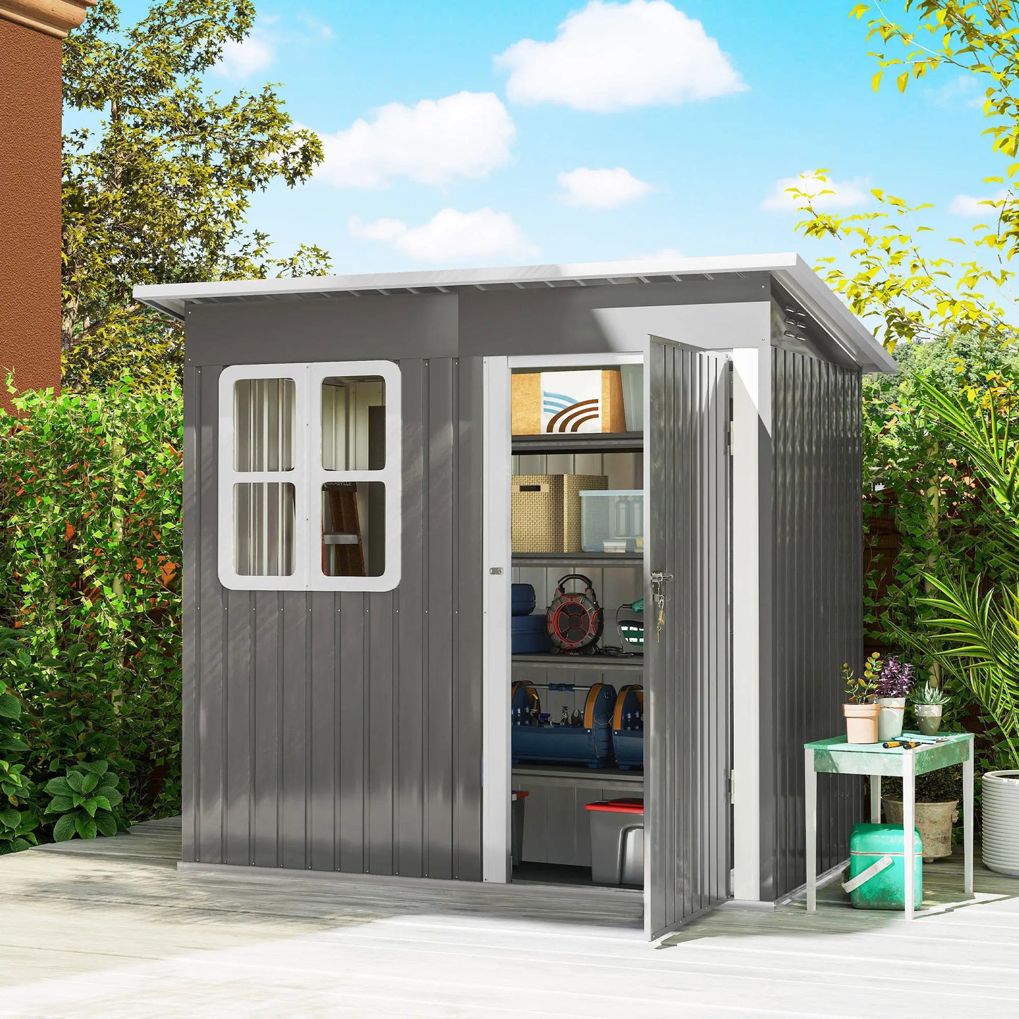7' x 4' Galvanised Steel Outdoor Storage Shed, Window, Lockable Door, Dark Grey Sheds at Gallery Canada