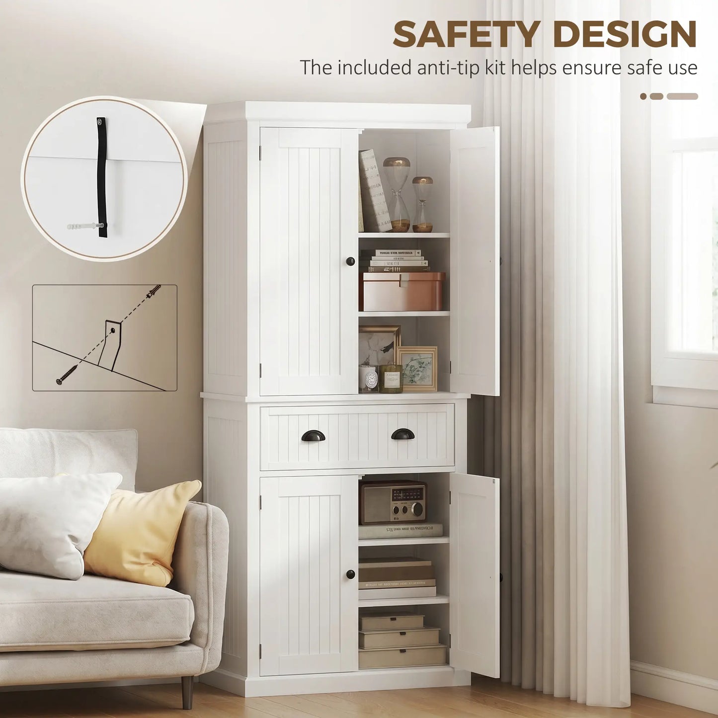 72 Inch Kitchen Pantry, Storage Cabinet with Drawer, White, White Kitchen Pantry Cabinets at Gallery Canada