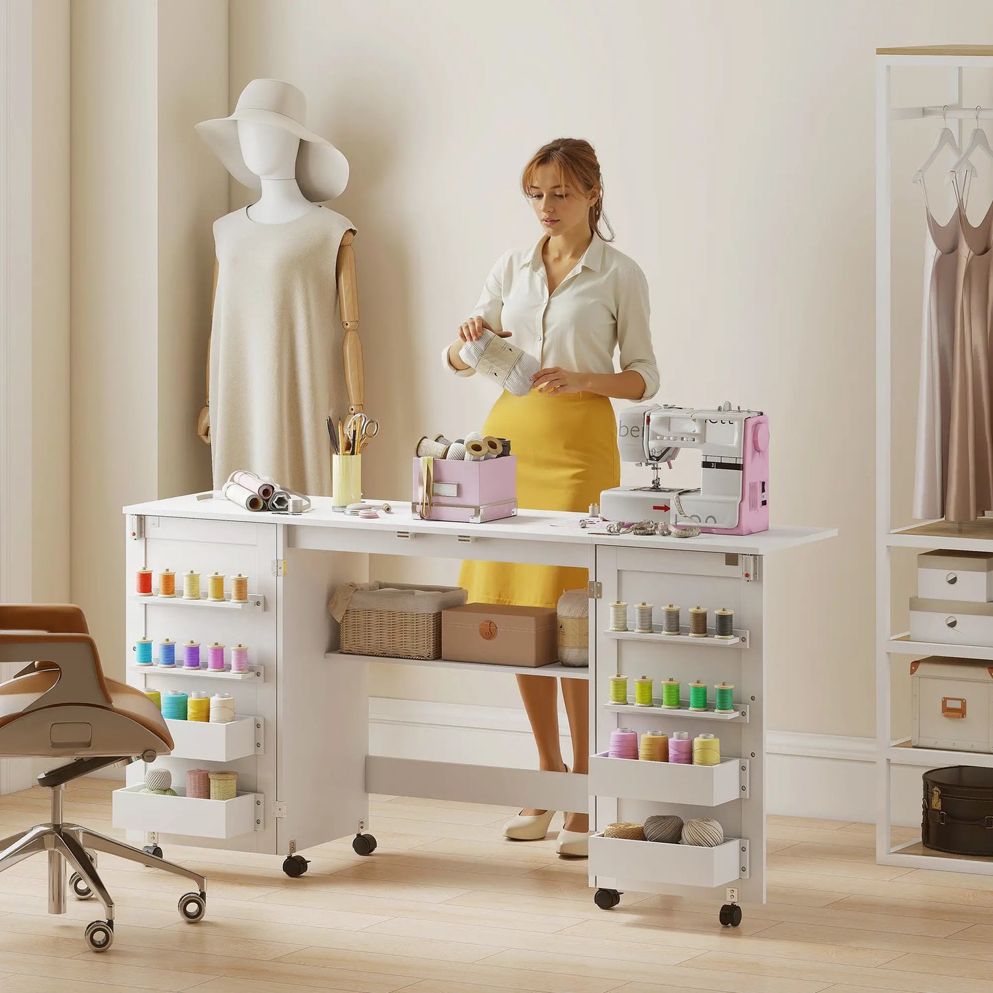 Folding Craft Table, Rolling Sewing Machine Table, Storage Shelf, White Sewing Cabinets at Gallery Canada