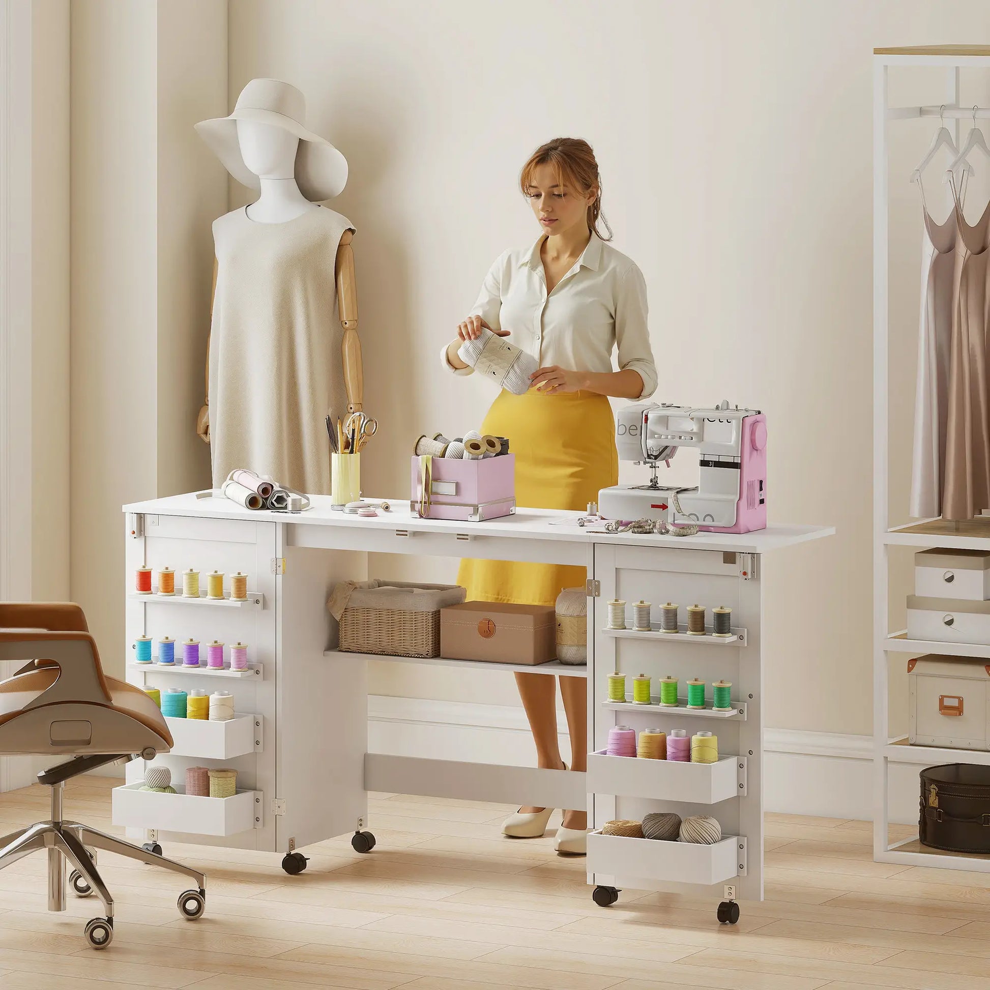 Folding Craft Table, Rolling Sewing Machine Table, Storage Shelf, White Sewing Cabinets at Gallery Canada