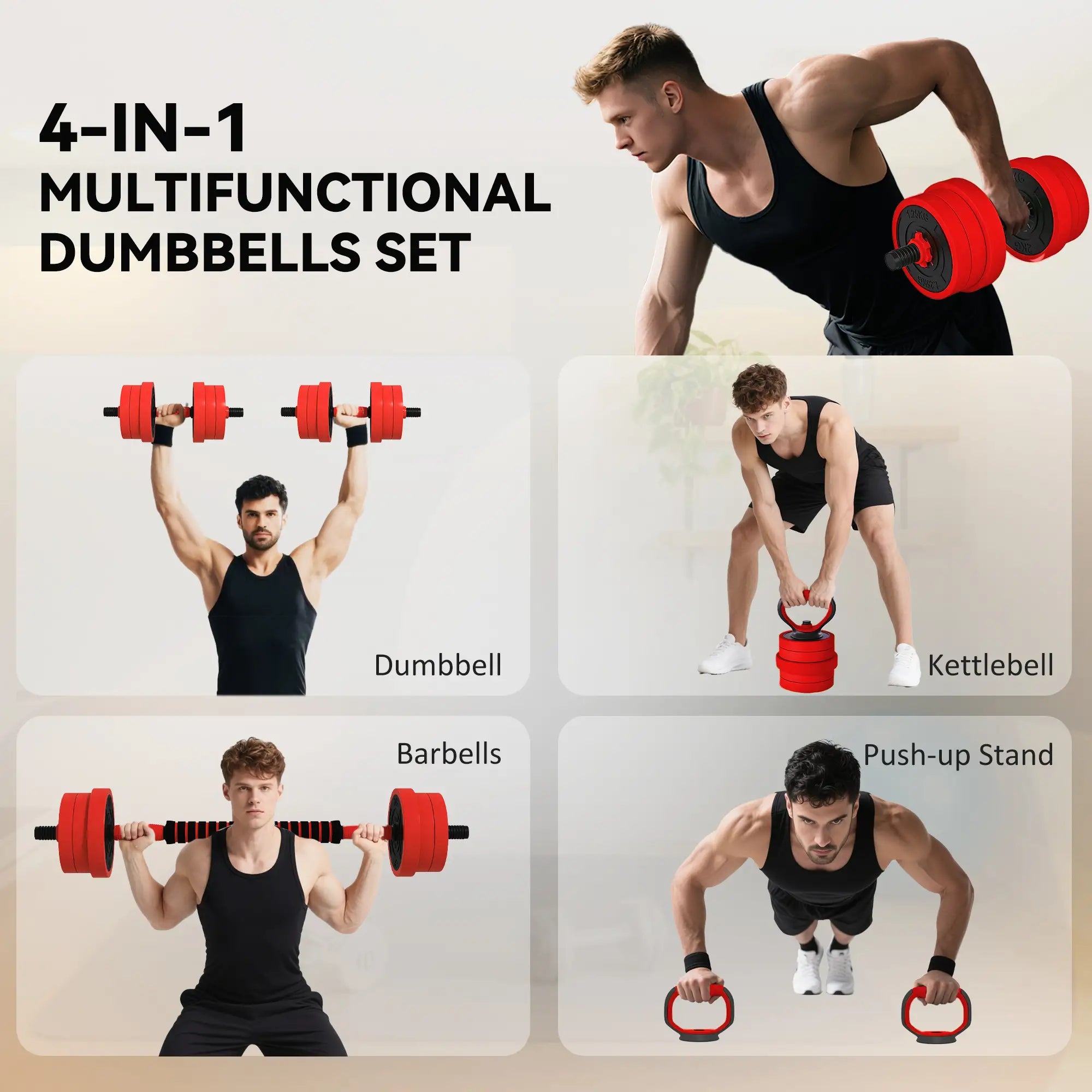 44lbs 4-in-1 Adjustable Dumbbell Set, Barbell, Kettlebell, Push Up Stand, Red Dumbbells & Barbells at Gallery Canada