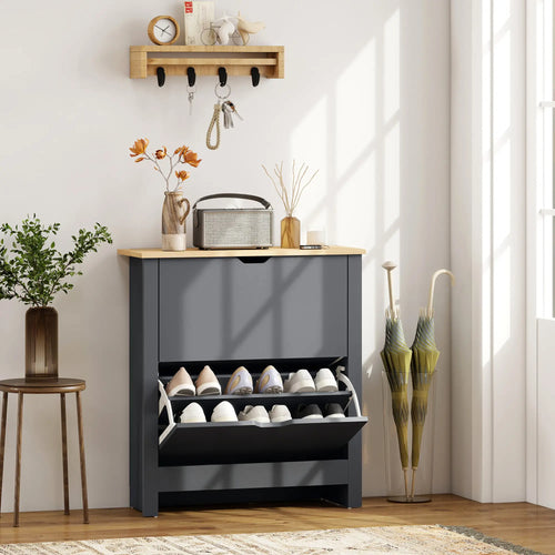 Shoe Storage Cabinet, 2 Flip Drawers, Adjustable Shelves, 12 Pairs, Dark Grey