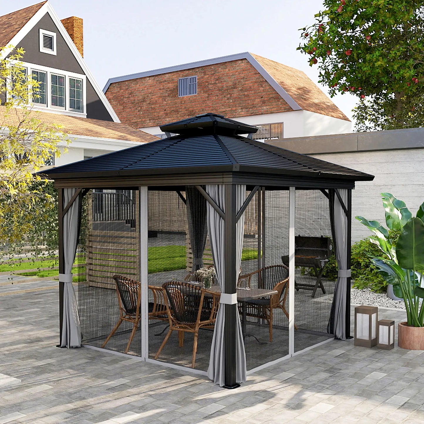 10' x 10' Hardtop Gazebo, Sun Shelter, Mosquito Netting, Light Grey Gazebos at Gallery Canada