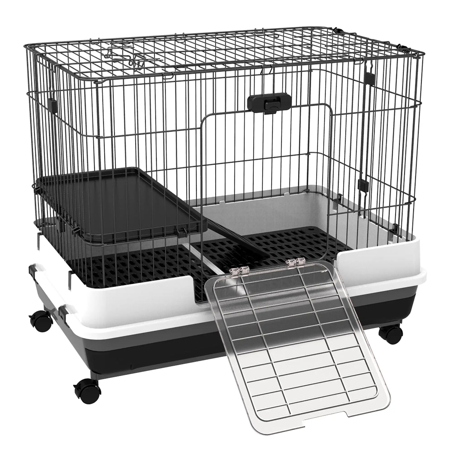 28"H 2-Level Rabbit Hutch, Lockable Wheels, Slide-Out Tray, Black Rabbit Hutch Black, White, and Grey at Gallery Canada