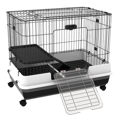 28"H 2-Level Rabbit Hutch, Lockable Wheels, Slide-Out Tray, Black Rabbit Hutch Black, White, and Grey at Gallery Canada