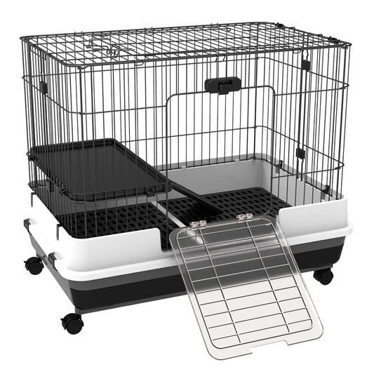 28"H 2-Level Rabbit Hutch, Lockable Wheels, Slide-Out Tray, Black Rabbit Hutch Black, White, and Grey at Gallery Canada