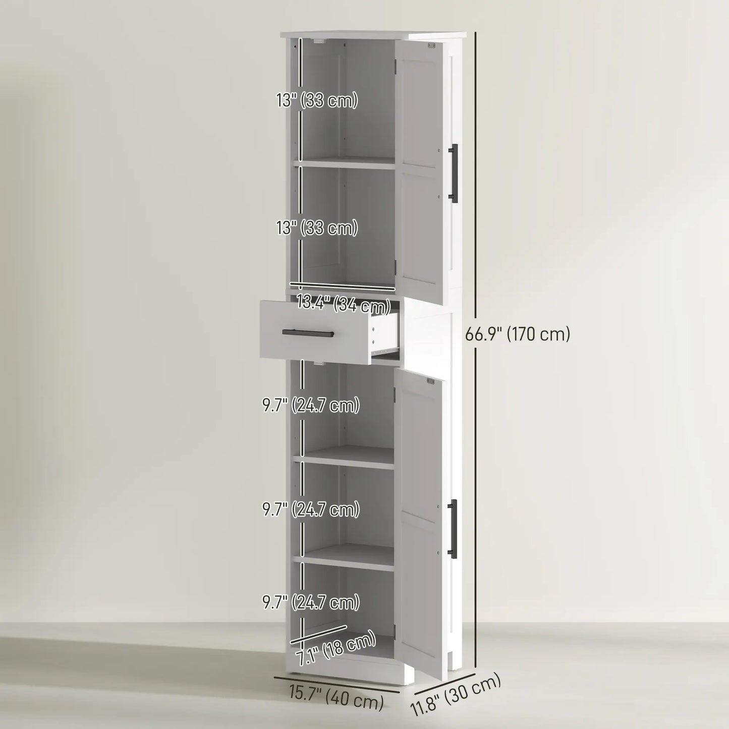 67" Tall Bathroom Cabinet, Narrow Storage with Drawer, Adjustable Shelves, White Bathroom Cabinets at Gallery Canada