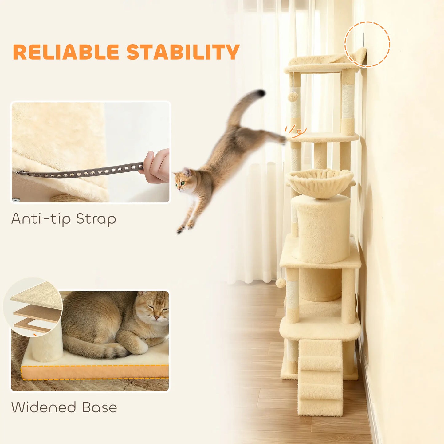 67" Large Cat Tree with 7 Scratching Posts, Tunnel, 2 Condos, Hammock, Perch, Ramp, Pompoms, Beige