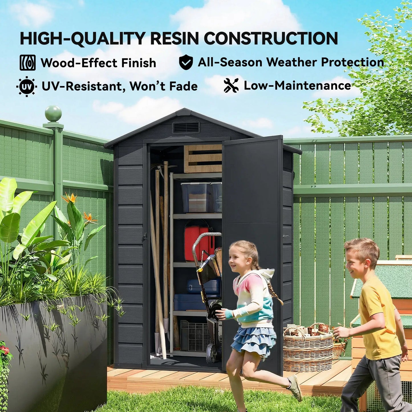 4' x 3' Plastic Garden Shed With Floor, Lockable Door, Window, Vent, Dark Grey Sheds at Gallery Canada