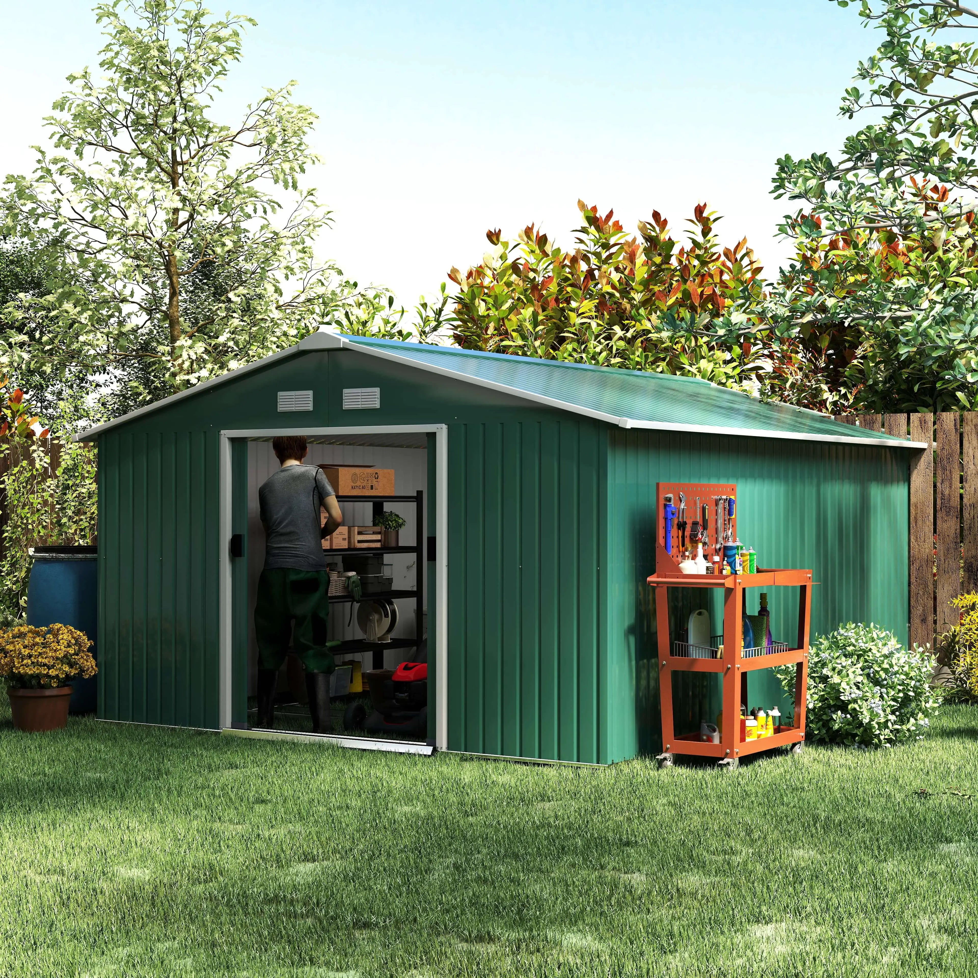 11' x 13' Garden Storage Shed, Double Sliding Door, 4 Ventilation Slots, Green Sheds at Gallery Canada