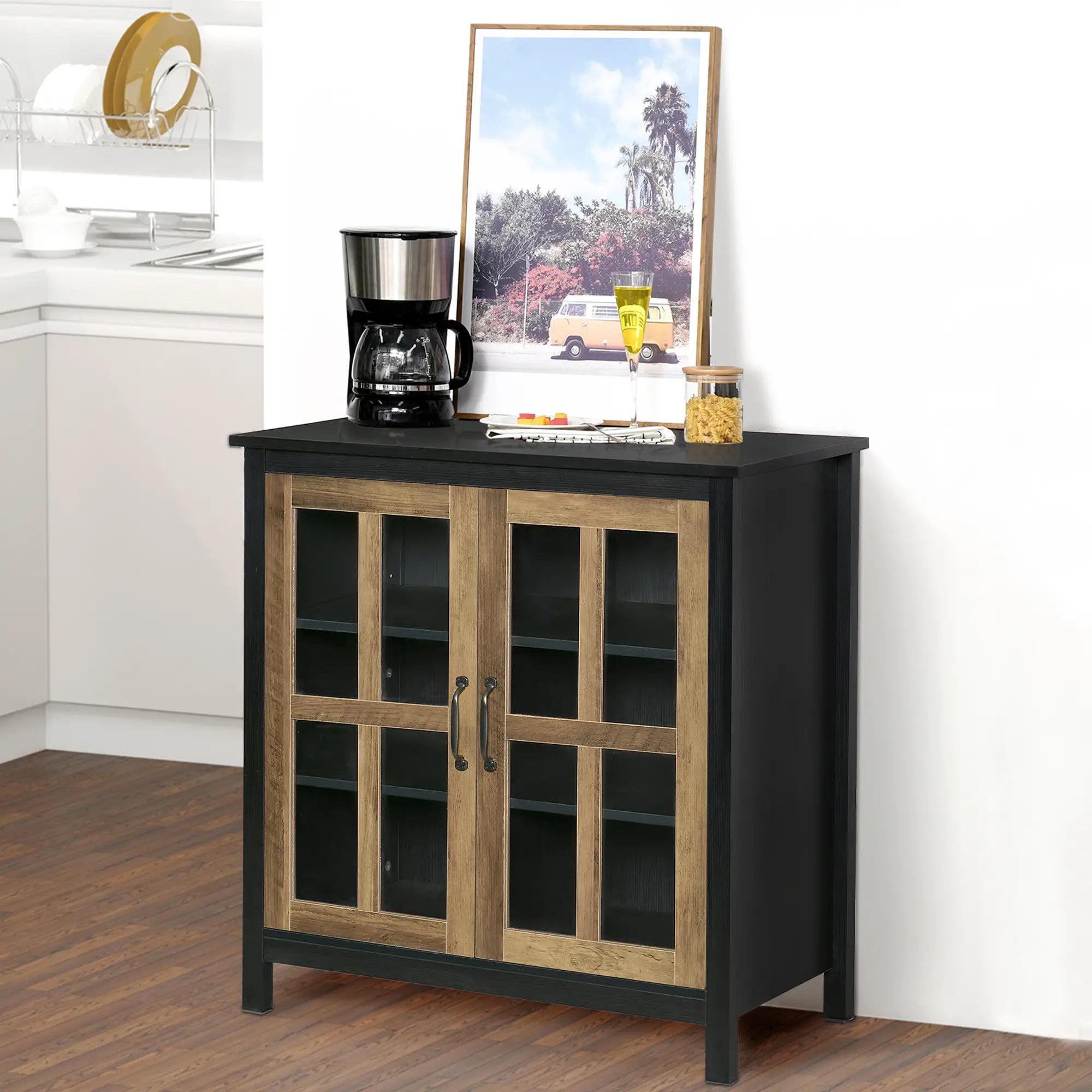 Kitchen Sideboard, Glass Door Buffet Cabinet, 2 Glass Doors, Adjustable Shelf, Black Wood Grain Bar Cabinets at Gallery Canada
