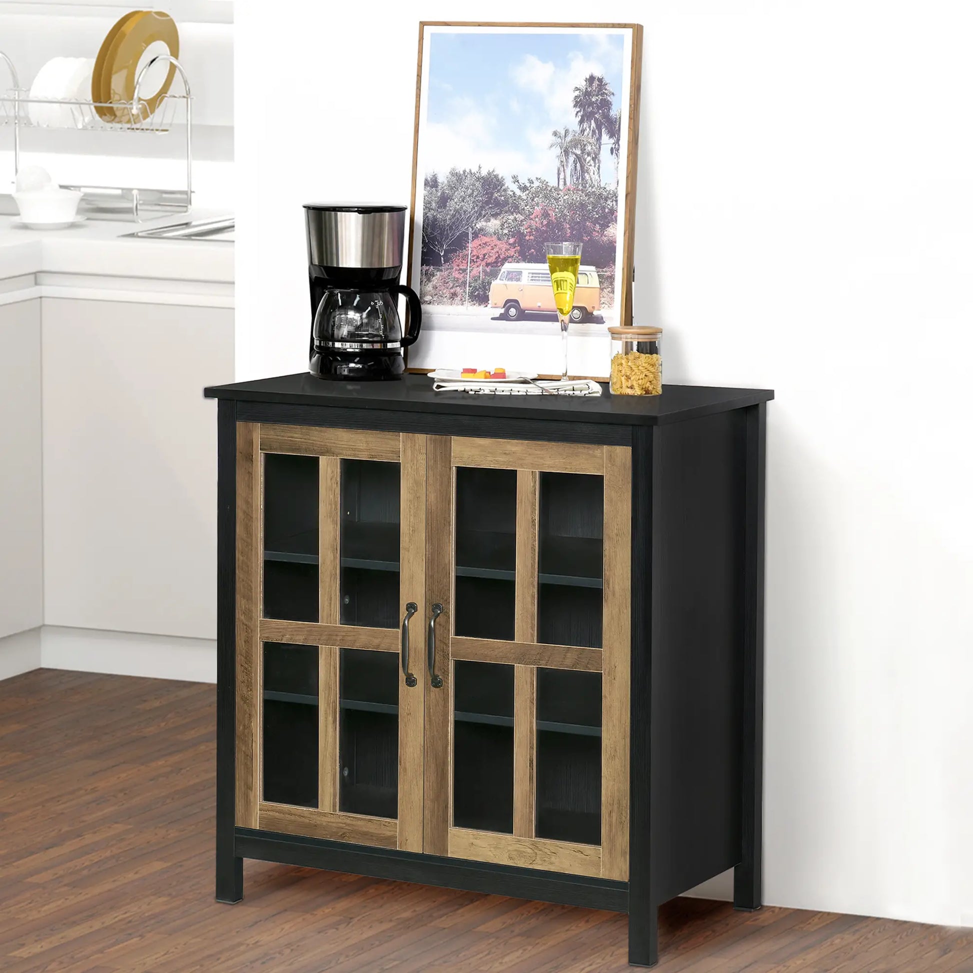 Kitchen Sideboard, Glass Door Buffet Cabinet, 2 Glass Doors, Adjustable Shelf, Black Wood Grain Bar Cabinets at Gallery Canada