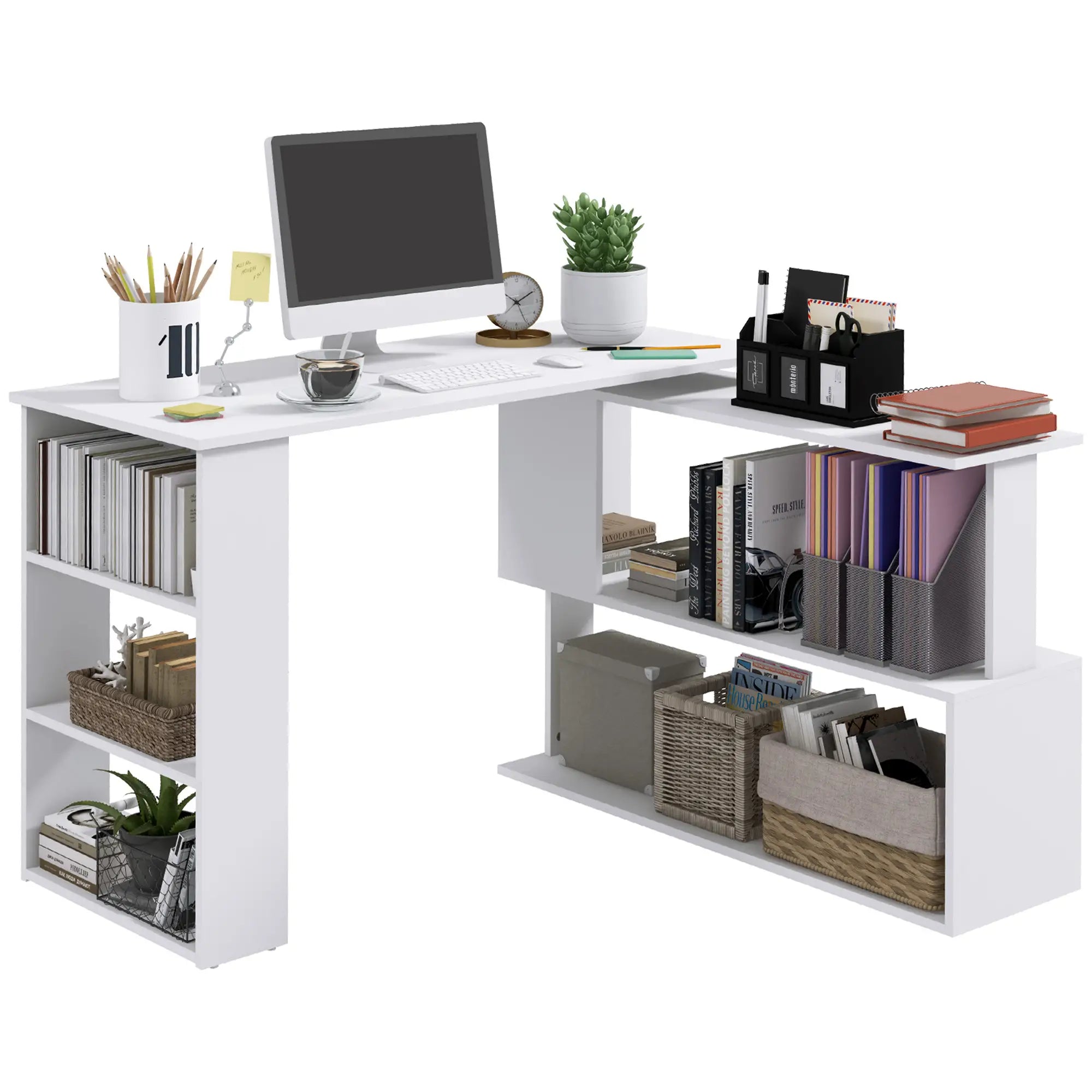 L Shaped Desk, 360° Rotating Corner, Computer Writing Table, White Writing Desks White at Gallery Canada
